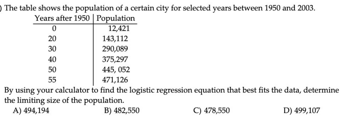 ) The table shows the population of a certain city for selected years between 1950 and 2003.
Years after 1950 | Population
12,421
20
143,112
290,089
30
40
375,297
445, 052
471,126
50
55
By using your calculator to find the logistic regression equation that best fits the data, determine
the limiting size of the population.
A) 494,194
B) 482,550
C) 478,550
D) 499,107
