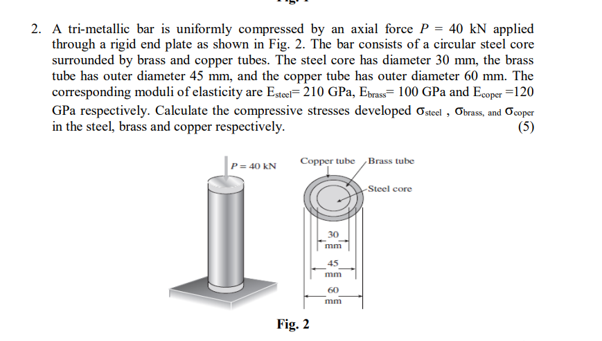 2. A tri-metallic bar is uniformly compressed by an axial force P = 40 kN applied
through a rigid end plate as shown in Fig. 2. The bar consists of a circular steel core
surrounded by brass and copper tubes. The steel core has diameter 30 mm, the brass
tube has outer diameter 45 mm, and the copper tube has outer diameter 60 mm. The
corresponding moduli of elasticity are Esteel= 210 GPa, Ebrass= 100 GPa and Ecoper =120
GPa respectively. Calculate the compressive stresses developed osteel , Obrass, and Ocoper
in the steel, brass and copper respectively.
(5)
Copper tube Brass tube
P= 40 kN
-Steel core
30
mm
45
mm
60
mm
Fig. 2
