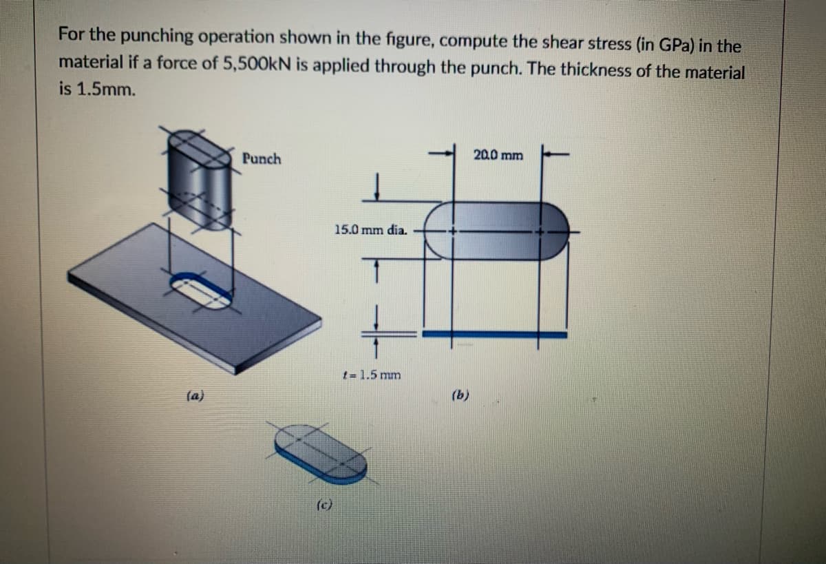 For the punching operation shown in the figure, compute the shear stress (in GPa) in the
material if a force of 5,500kN is applied through the punch. The thickness of the material
is 1.5mm.
Punch
20.0 mm
15.0 mm dia.
t= 1.5 mm
(a)
(b)
(c)
