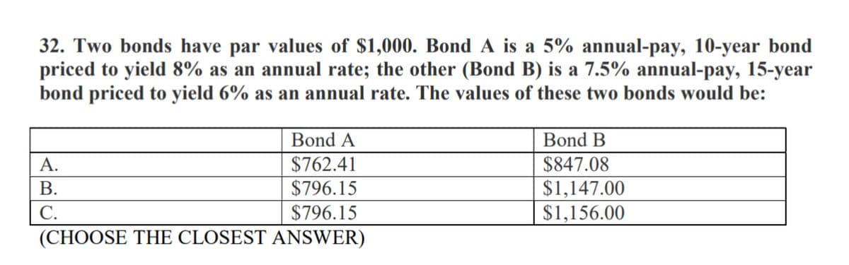 32. Two bonds have par values of $1,000. Bond A is a 5% annual-pay, 10-year bond
priced to yield 8% as an annual rate; the other (Bond B) is a 7.5% annual-pay, 15-year
bond priced to yield 6% as an annual rate. The values of these two bonds would be:
Bond A
Bond B
$762.41
$847.08
$1,147.00
$1,156.00
А.
В.
$796.15
$796.15
(CHOOSE THE CLOSEST ANSWER)
C.
