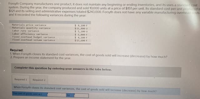 Forsyth Company manufactures one product, it does not maintain any beginning or ending inventories, and its uses a standard cost
system. During the year, the company produced and sold 10,000 units at a price of $151 per unit. Its standard cost per unit produced is
$121 and its selling and administrative expenses totaled $243,000. Forsyth does not have any variable manufacturing overhead costs
and It recorded the following variances during the year:
Haterials price variance
Materials quantity variance
Labor rate variance
Labor efficiency variance
Fixed overhead budget variance
Fixed overhead volume variance
$ 8,100 F
$11,800 U
$ 5,100 U
$ 6,000 F
$ 4,100 F
$13,600 F
Required:
1. When Forsyth closes its standard cost varlances, the cost of goods sold will increase (decrease) by how much?
2. Prepare an income statement for the year.
Complete this question by entering your answers in the tabs below.
Required 1
Required 2
When Forsyth closes its standard cost variances, the cost of goods sold will increase (decrease) by how much?
The cost of goods sold wa
by
