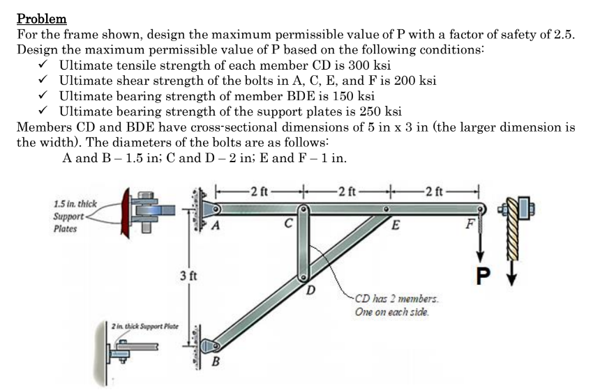 Problem
For the frame shown, design the maximum permissible value of P with a factor of safety of 2.5.
Design the maximum permissible value of P based on the following conditions:
Ultimate tensile strength of each member CD is 300 ksi
✓ Ultimate shear strength of the bolts in A, C, E, and F is 200 ksi
✓ Ultimate bearing strength of member BDE is 150 ksi
✓ Ultimate bearing strength of the support plates is 250 ksi
Members CD and BDE have cross-sectional dimensions of 5 in x 3 in (the larger dimension is
the width). The diameters of the bolts are as follows:
A and B - 1.5 in; C and D - 2 in; E and F - 1 in.
1.5 in. thick
Support
Plates
2 in thick Support Plate
3 ft
B
-2 ft-
C
+
D
-2 ft-
+
E
-2 ft-
-CD has 2 members.
One on each side.
F
