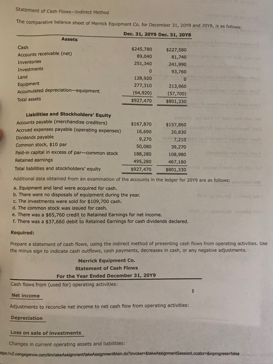 Statement of Cash Flows-Indirect Method
The comparative balance sheet of Merrick Equipment Co. for December 31, 20Y9 and 208, is as follows:
Dec. 31, 20Y9 Dec. 31, 20Y8
Assets
bour
Cash
$245,780
$227,580
Accounts receivable (net)
89,040
wolt es to
81,740
Inventories
251,340
241,990
woll e
Investments
93,760
Land
128,920
rlan
Equipment
Accumulated depreciation-equipment
277,310
213,960
wa vot bi ste
(64,920)
(57,700)
Total assets
$927,470
$801,330
sot blo das
Liabilities and Stockholders' Equity
29divitos onuasvnt dee te
Accounts payable (merchandise creditors)
Accrued expenses payable (operating expenses)
$167,870
$157,860
16,690
20,830
Dividends payable
9,270
p7,210
Common stock, $10 par
50,080
39,270
Paid-in capital in excess of par-common stock
188,280
108,980
ebnabivib o bls ed
Retained earnings
495,280
467,180
Total liabilities and stockholders' equity
$927,470
$801,330
vibs paoneril mont wot eo fo
Additional data obtained from an examination of the accounts in the ledger for 20Y9 are as follows: i
a. Equipment and land were acquired for cash.
b. There were no disposals of equipment during the year.
c. The investments were sold for $109,700 cash.
evas eunstonalsd nee
d. The common stock was issued for cash.
eYos 18 19dmsoodansled tes
e. There was a $65,760 credit to Retained Earnings for net income.
f. There was a $37,660 debit to Retained Earnings for cash dividends declared.
Required:
Prepare a statement of cash flows, using the indirect method of presenting cash flows from operating activities. Use
the minus sign to indicate cash outflows, cash payments, decreases in cash, or any negative adjustments.
Merrick Equipment Co.
Statement of Cash Flows
For the Year Ended December 31, 20Y9
Cash flows from (used for) operating activities:
$
Net income
Adjustments to reconcile net income to net cash flow from operating activities:
Depreciation
Loss on sale of investments
Changes in current operating assets and liabilities:
attps://v2.cengagenow.com/ilm/takeAssignment/takeAssignmentMain.do?invoker=&takeAssignmentSessionLocator=&inprogress=false
