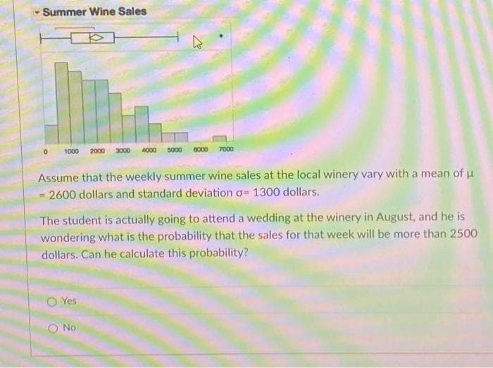 Summer Wine Sales
1000 2000 3000 4000 5000
0000
7000
Assume that the weekly summer wine sales at the local winery vary with a mean of u
2600 dollars and standard deviation o= 1300 dollars.
The student is actually going to attend a wedding at the winery in August, and he is
wondering what is the probability that the sales for that week will be more than 2500
dollars. Can he calculate this probability?
O Yes
O No
