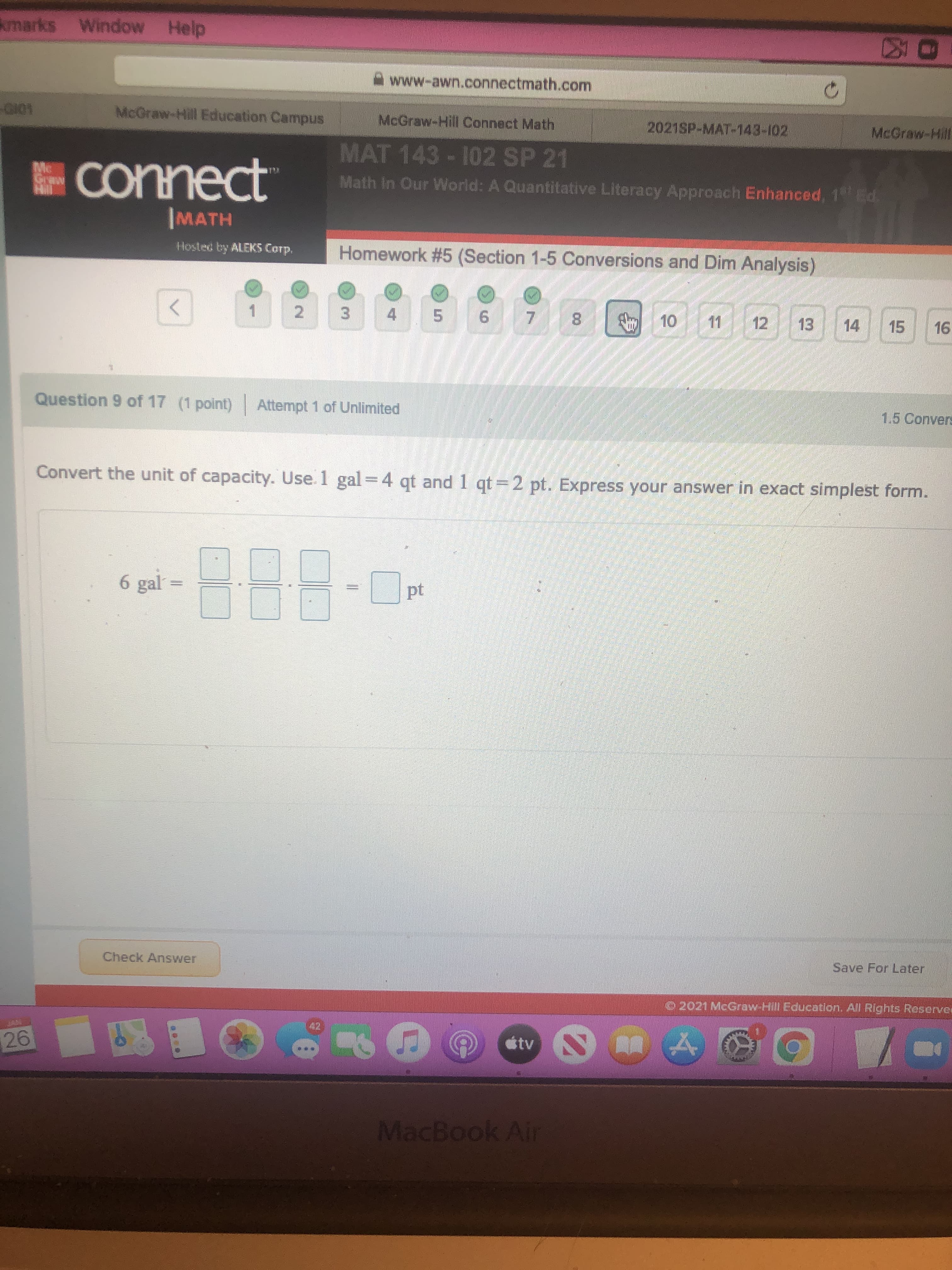 Convert the unit of capacity. Use. 1 gal =4 gt and 1 qt =2 pt. Express your answer in exact simplest form.
