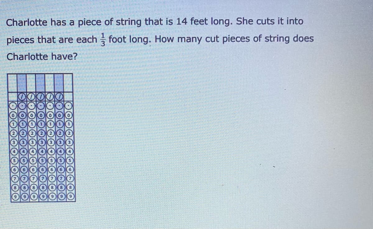 Charlotte has a piece of string that is 14 feet long. She cuts it into
pieces that are each foot long. How many cut pieces of string does
Charlotte have?
