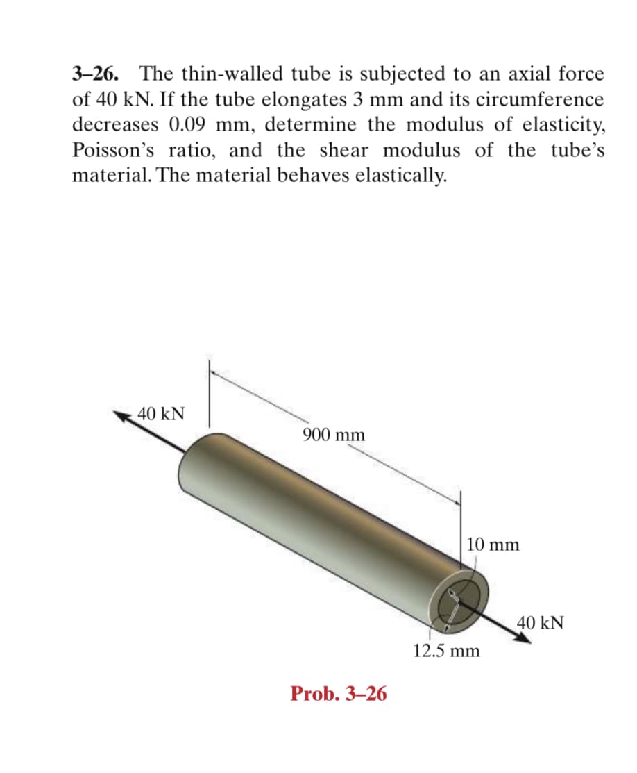 3–26. The thin-walled tube is subjected to an axial force
of 40 kN. If the tube elongates 3 mm and its circumference
decreases 0.09 mm, determine the modulus of elasticity,
Poisson's ratio, and the shear modulus of the tube's
material. The material behaves elastically.
40 kN
900 mm
| 10 mm
40 kN
12.5 mm
