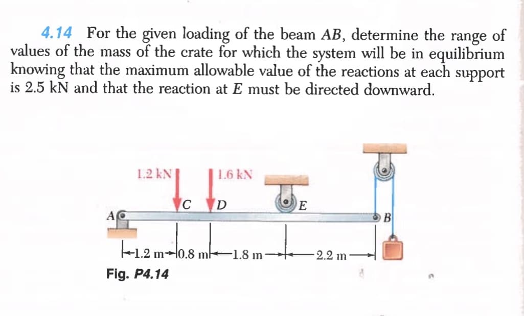 4.14 For the given loading of the beam AB, determine the
values of the mass of the crate for which the system will be in equilibrium
knowing that the maximum allowable value of the reactions at each support
is 2.5 kN and that the reaction at E must be directed downward.
range
of
