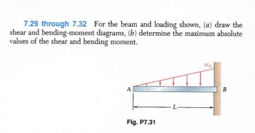 7.29 through 7.32 For the beam and loading shown, (a) draw the
shear and bending-moment diagrams, (b) determine the maximum absolute
values of the shear and bending moment.
B
Fig. P7.31
