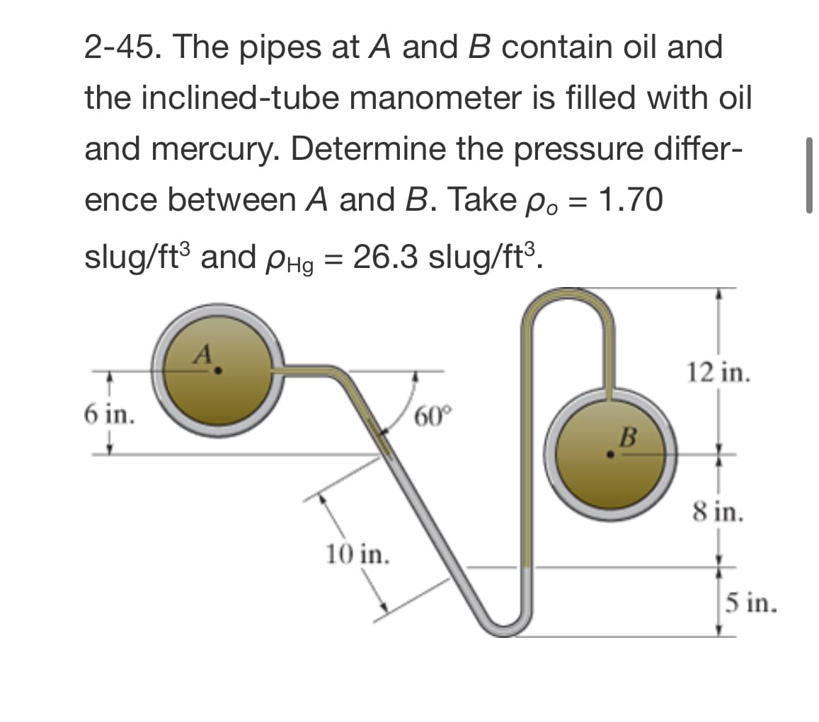 2-45. The pipes at A and B contain oil and
the inclined-tube manometer is filled with oil
and mercury. Determine the pressure differ-
ence between A and B. Take p. = 1.70
slug/ft and pHg = 26.3 slug/ft³.
A
12 in.
6 in.
60°
B
8 in.
10 in.
5 in.
