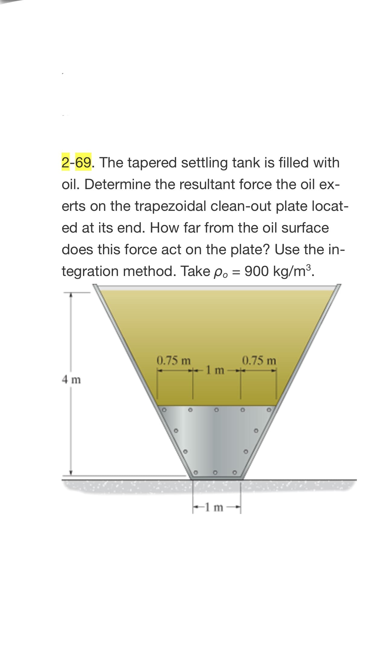 2-69. The tapered settling tank is filled with
oil. Determine the resultant force the oil ex-
erts on the trapezoidal clean-out plate locat-
ed at its end. How far from the oil surface
does this force act on the plate? Use the in-
tegration method. Take p. = 900 kg/m³.
0.75 m
0.75 m
4 m
-1 m-
01
