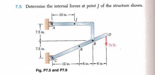 7.5 Determine the internal forces at point J of the structure shown.
– 10 in. -
7.5 in.
78 lb
75 in.
– 12 in.-
t+6 in.--6 in.+|
Fig. P7.5 and P7.6

