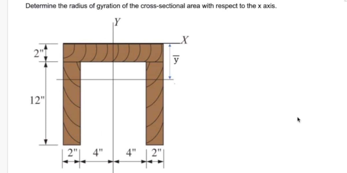 Determine the radius of gyration of the cross-sectional area with respect to the x axis.
Y
2"I
y
12"
2"|
4"
4"
2"|
