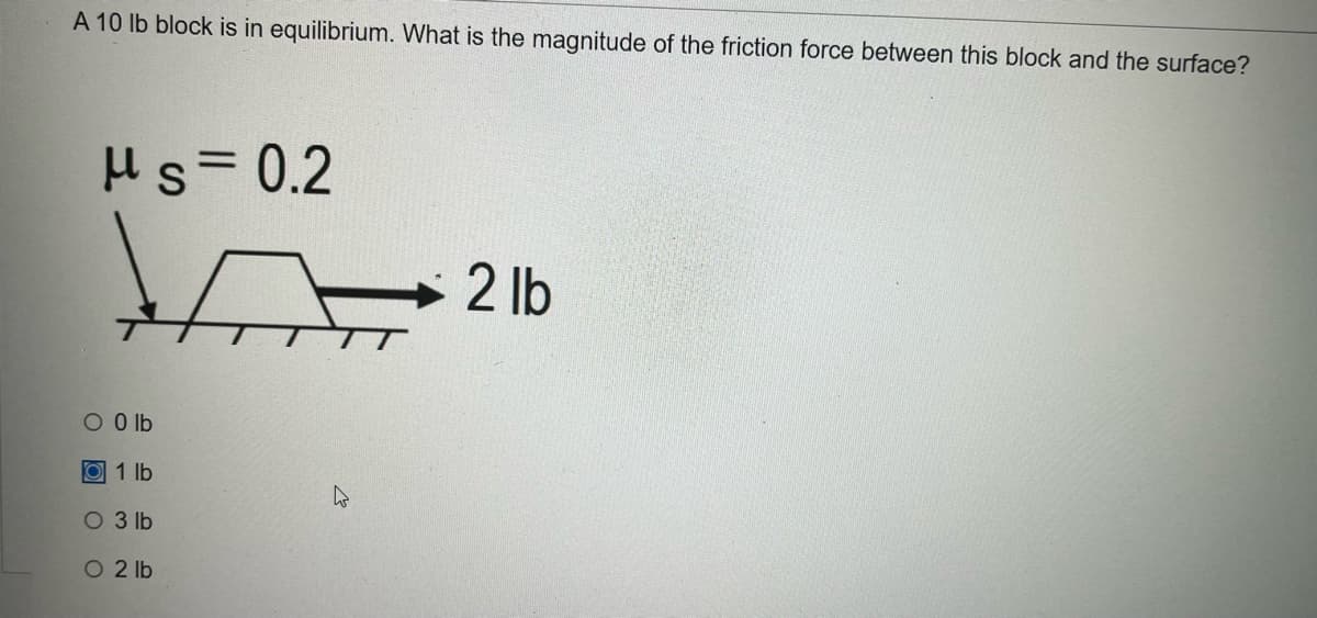 A 10 lb block is in equilibrium. What is the magnitude of the friction force between this block and the surface?
Hs= 0.2
2 lb
O O lb
O1 lb
O 3 lb
O 2 lb
