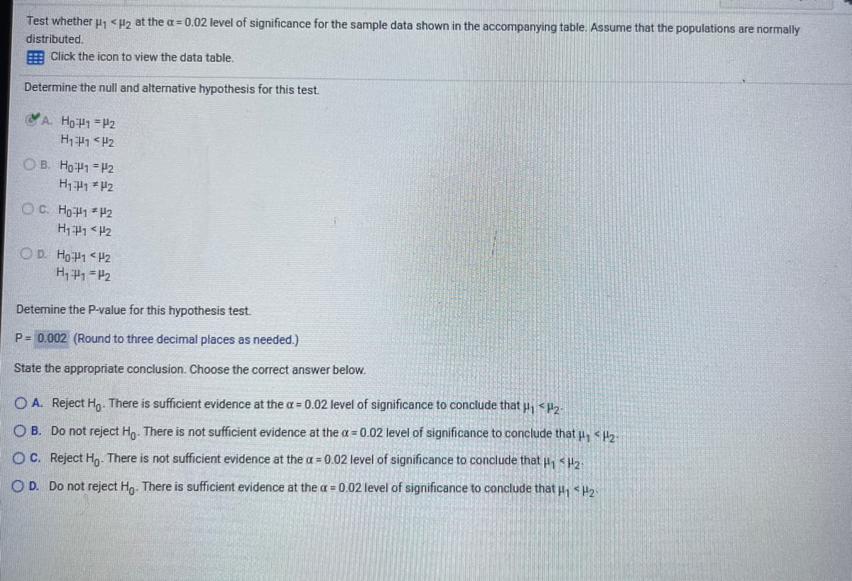 Test whether u, <Hz at the a = 0.02 level of significance for the sample data shown in the accompanying table. Assume that the populations are normally
distributed.
E Click the icon to view the data table.
Determine the null and alternative hypothesis for this test.
A. Ho1 =P2
O B. HOP1 = H2
H141 * P2
OC. Ho-H1 * P2
O D. Ho P1<2
Detemine the P-value for this hypothesis test.
P= 0.002 (Round to three decimal places as needed.)
State the appropriate conclusion. Choose the correct answer below.
O A. Reject Ho. There is sufficient evidence at the a= 0.02 level of significance to conclude that p, <u,-
O B. Do not reject Hn. There is not sufficient evidence at the a = 0.02 level of significance to conclude that u, <5.
O C. Reject H. There is not sufficient evidence at the a = 0.02 level of significance to conclude that u <Hz.
O D. Do not reject Ho. There is sufficient evidence at the a = 0.02 level of significance to conclude that H SHa
