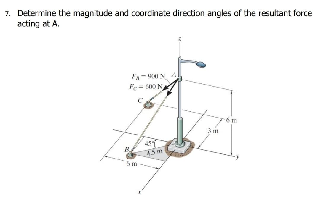 7. Determine the magnitude and coordinate direction angles of the resultant force
acting at A.
FB
= 900 N A
Fc= 600 N
6 m
3 m
45°
B.
4.5 m
6 m
