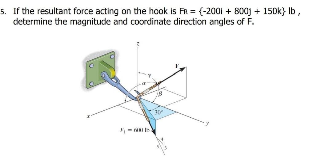 5. If the resultant force acting on the hook is FR = {-200i + 800j + 150k} lb ,
determine the magnitude and coordinate direction angles of F.
F
30°
y
F = 600 lb
4
