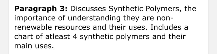 Paragraph 3: Discusses Synthetic Polymers, the
importance of understanding they are non-
renewable resources and their uses. Includes a
chart of atleast 4 synthetic polymers and their
main uses.
