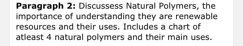 Paragraph 2: Discussess Natural Polymers, the
importance of understanding they are renewable
resources and their uses. Includes a chart of
atleast 4 natural polymers and their main uses.
