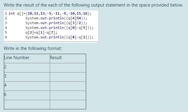 Write the result of the each of the following output statement in the space provided below.
1 int q[]=(10, 12,13, -5, -11, -9,-10,15,16};
System.out.println((q[4]%4));
System.out.println ((q[3]/2));
System.out.println((q[0]-q[5]));
q[2]=q[1]-q[7];
System.out.println((q[8]-q[2]));
2
3
4
5
6
Write in the following format:
Line Number
Result
3
6
