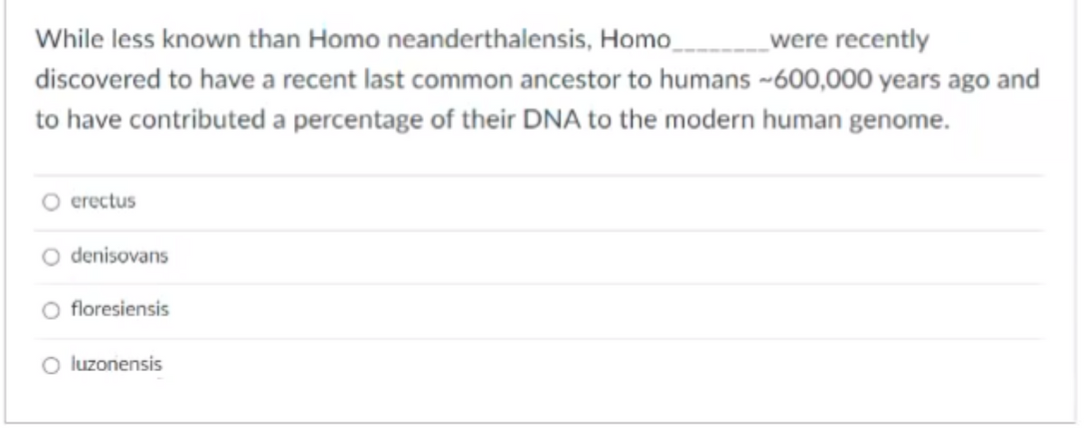 While less known than Homo neanderthalensis, Homo_
were recently
discovered to have a recent last common ancestor to humans -600,000 years ago and
to have contributed a percentage of their DNA to the modern human genome.
O erectus
O denisovans
floresiensis
O luzonensis
