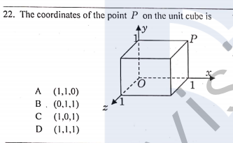 22. The coordinates of the point P on the unit cube is
1
A (1,1.0)
B. (0,1,1)
C (1,0,1)
D (1,1,1)
