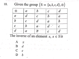 Given the group (S = {a, b, c, d},®)
10.
a
d
a
d
a
9.
d
a
b
a
d .
d
The inverse of an element x, I E Sis
A
В d
B
