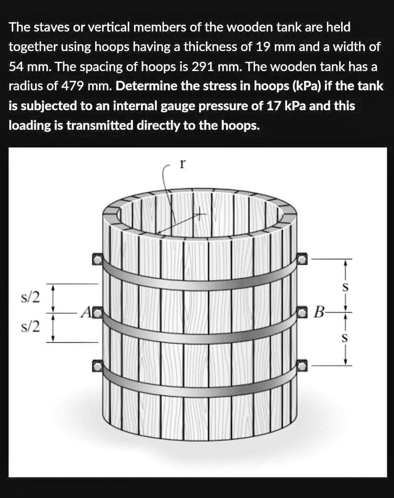 The staves or vertical members of the wooden tank are held
together using hoops having a thickness of 19 mm and a width of
54 mm. The spacing of hoops is 291 mm. The wooden tank has a
radius of 479 mm. Determine the stress in hoops (kPa) if the tank
is subjected to an internal gauge pressure of 17 kPa and this
loading is transmitted directly to the hoops.
s/2
s/2
AC
B-