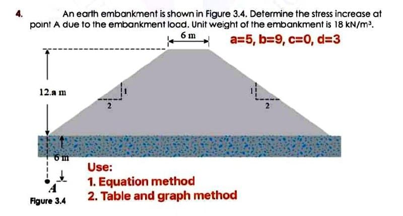 4.
An earth embankment is shown in Figure 3.4. Determine the stress increase at
point A due to the embankment load. Unit weight of the embankment is 18 kN/m.
6 m
a=5, b=9, c=0, d=3
12.a m
6 m
Use:
1. Equation method
2. Table and graph method
A
Figure 3.4
