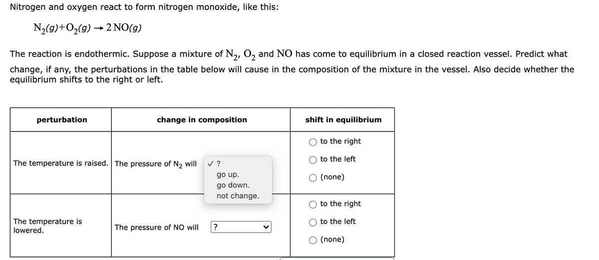 Nitrogen and oxygen react to form nitrogen monoxide, like this:
N½(9)+O2(g) → 2 NO(g)
The reaction is endothermic. Suppose a mixture of N,, O, and NO has come to equilibrium in a closed reaction vessel. Predict what
change, if any, the perturbations in the table below will cause in the composition of the mixture in the vessel. Also decide whether the
equilibrium shifts to the right or left.
perturbation
change in composition
shift in equilibrium
to the right
to the left
The temperature is raised. The pressure of N, will
v ?
go up.
(none)
go down.
not change.
to the right
The temperature is
lowered.
to the left
The pressure of NO will
O (none)
