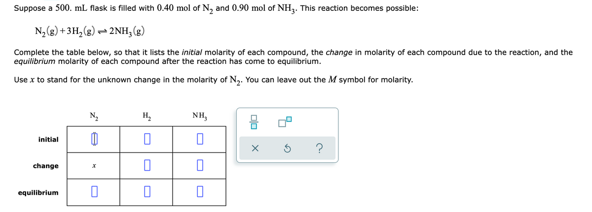 Suppose a 500. mL flask is filled with 0.40 mol of N, and 0.90 mol of NH,. This reaction becomes possible:
N,(g) +3H,(g) =2NH,(g)
Complete the table below, so that it lists the initial molarity of each compound, the change in molarity of each compound due to the reaction, and the
equilibrium molarity of each compound after the reaction has come to equilibrium.
Use x to stand for the unknown change in the molarity of N,. You can leave out the M symbol for molarity.
N2
H,
NH,
initial
change
equilibrium
