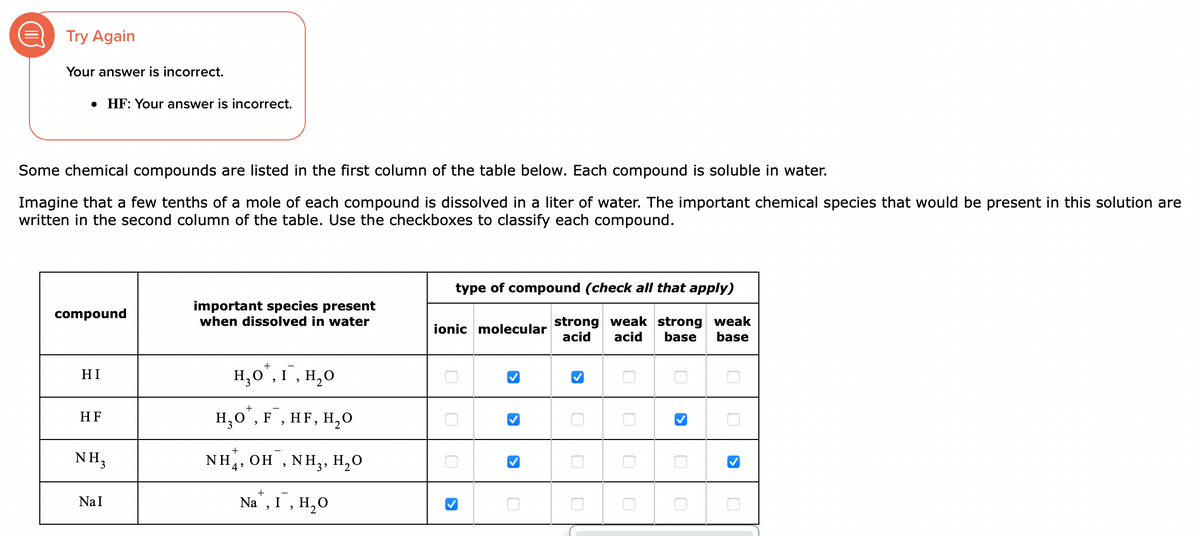 Try Again
Your answer is incorrect.
● HF: Your answer is incorrect.
Some chemical compounds are listed in the first column of the table below. Each compound is soluble in water.
Imagine that a few tenths of a mole of each compound is dissolved in a liter of water. The important chemical species that would be present in this solution are
written in the second column of the table. Use the checkboxes to classify each compound.
compound
НІ
HF
NH3
NaI
important species present
when dissolved in water
H₂O, I, H₂O
H₂O¹, F, HF, H₂0
+
NH,, OH ,NH,,H,O
+
Na, I, H₂O
type of compound (check all that apply)
strong weak strong weak
acid acid base base
ionic molecular
U
U
0
U
0
0
0
0