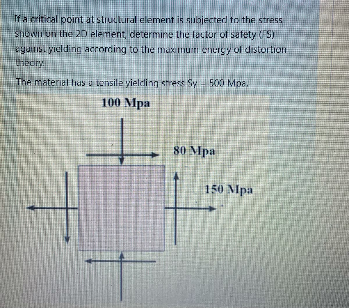If a critical point at structural element is subjected to the stress
shown on the 2D element, determine the factor of safety (FS)
against yielding according to the maximum energy of distortion
theory.
The material has a tensile yielding stress Sy = 500 Mpa.
100 Mpa
80 Mpa
150 Mpa
