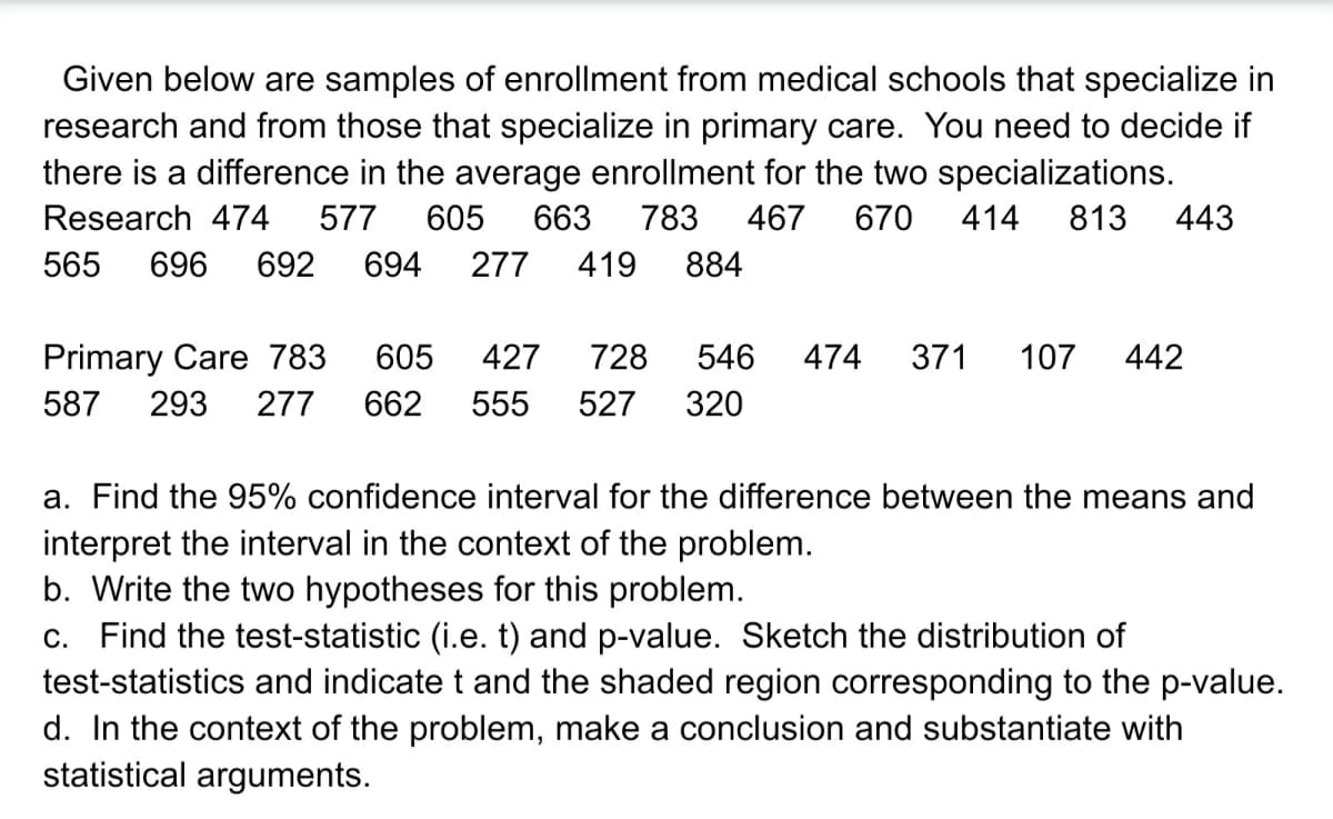 Given below are samples of enrollment from medical schools that specialize in
research and from those that specialize in primary care. You need to decide if
there is a difference in the average enrollment for the two specializations.
Research 474
577
605
663
783
467
670
414
813
443
565 696 692
694 277
419
884
Primary Care 783
605
427
728
546
474
371
107
442
587
293
277
662
555
527
320
a. Find the 95% confidence interval for the difference between the means and
interpret the interval in the context of the problem.
b. Write the two hypotheses for this problem.
c. Find the test-statistic (i.e. t) and p-value. Sketch the distribution of
test-statistics and indicate t and the shaded region corresponding to the p-value.
d. In the context of the problem, make a conclusion and substantiate with
statistical arguments.
