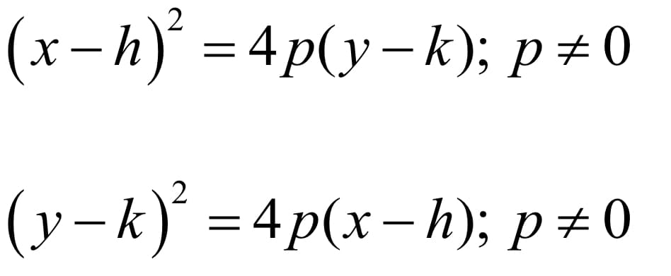(x−h)² = 4p(y−k);
p=0
(y-k)² = 4p(x−h); p = 0