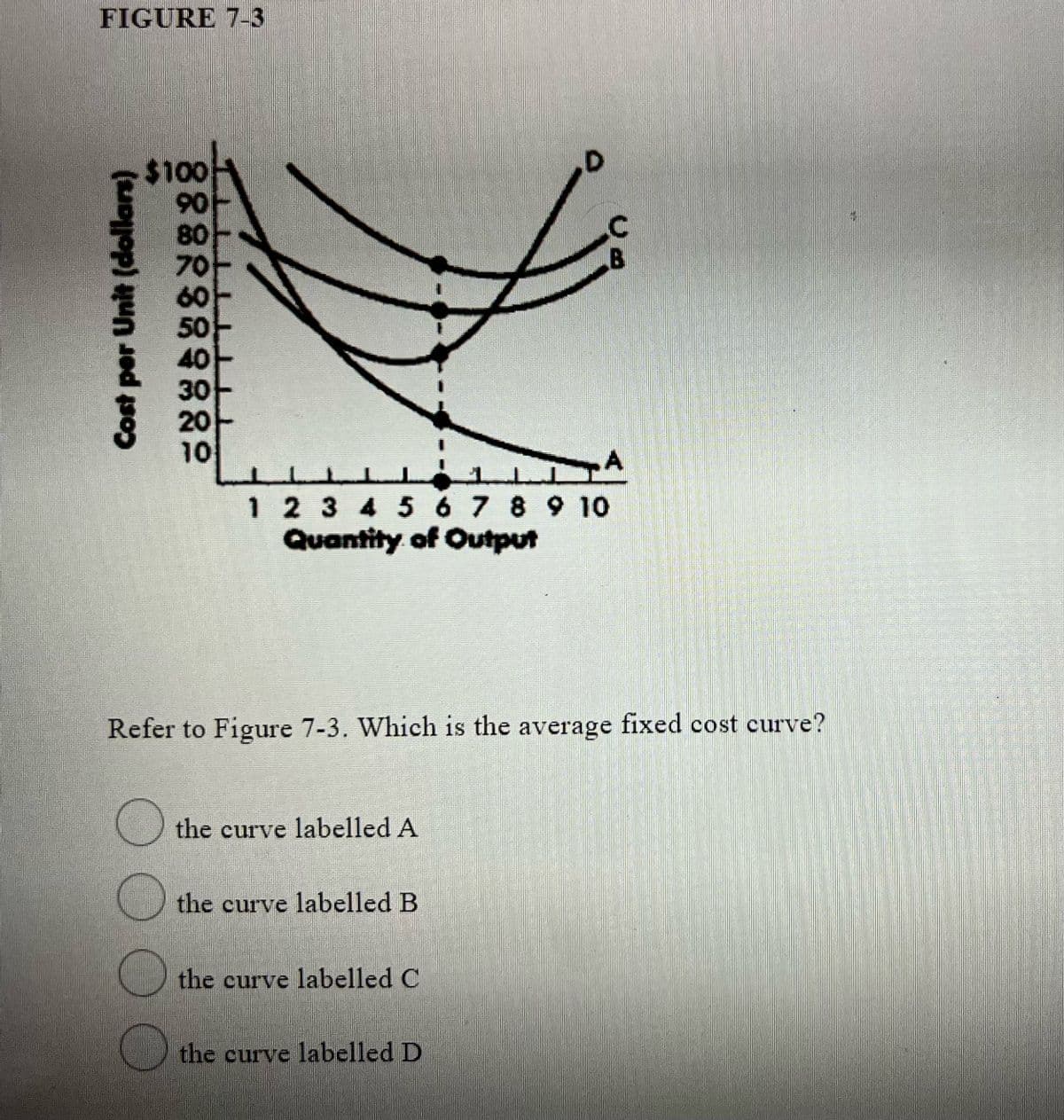 FIGURE 7-3
$100
90
8아
7아
60
50아
40
30아
20아
10
1 2 3 4 5 6 7 8 9 10
Quantity of Output
Refer to Figure 7-3. Which is the average fixed cost curve?
the curve labelled A
the curve labelled B
the curve labelled C
the curve labelled D
Cost per Unit (dollars)
