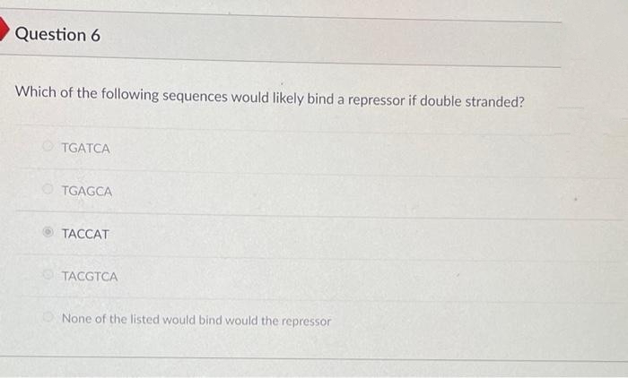 Question 6
Which of the following sequences would likely bind a repressor if double stranded?
O TGATCA
O TGAGCA
TACCAT
TACGTCA
None of the listed would bind would the repressor

