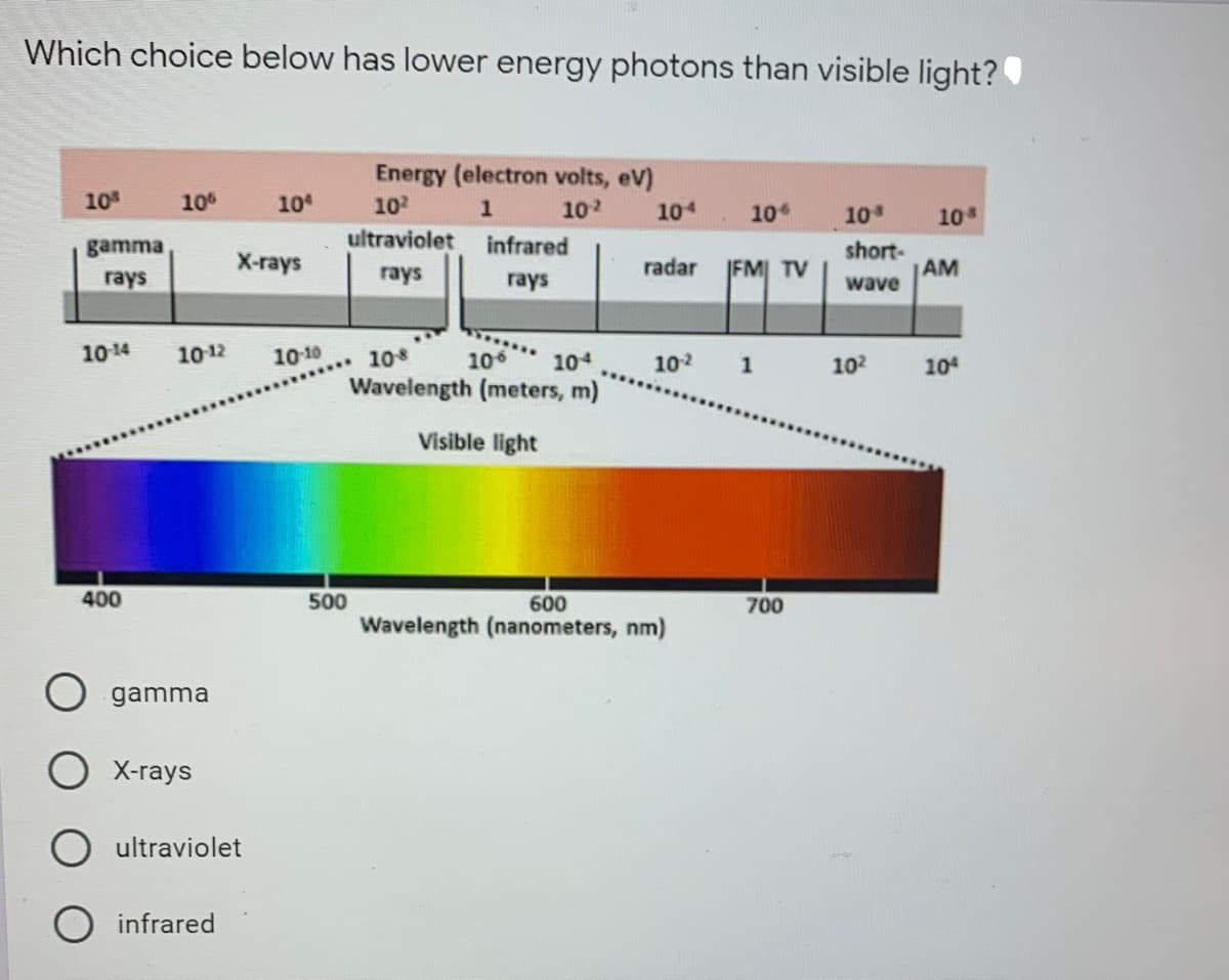Which choice below has lower energy photons than visible light?
Energy (electron volts, ev)
10
10
10
102
102
104
10
10
10
gamma
ultraviolet
infrared
X-rays
radar
short-
AM
rays
rays
rays
IFM TV
wave
1014
10 12
10-10
108
106
104
102
102
1
104
Wavelength (meters, m)
Visible light
400
500
600
700
Wavelength (nanometers, nm)
gamma
O X-rays
ultraviolet
O infrared
