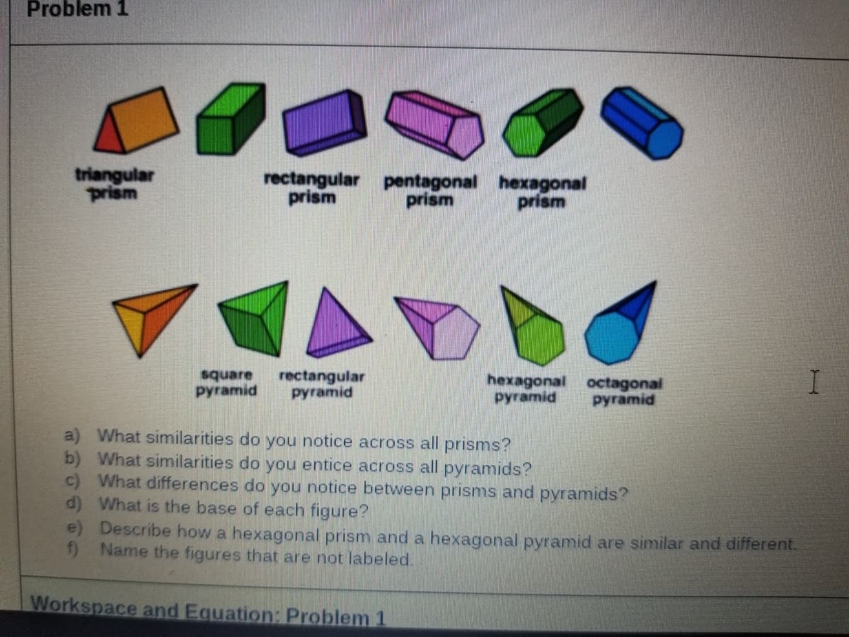 Problem 1
triangular
prism
rectangular pentagonal hexagonal
prism
prism
prism
rectangular
pyramid
hexagonal octagonal
pyramid
Pyramid
pyramid
a) What similarities do you notice across all prisms?
b) What similarities do you entice across all pyramids?
c) What differences do you notice between prisms and pyramids?
d) What is the base of each figure?
e) Describe how a hexagonal prism and a hexagonal pyramid are similar and different.
f) Name the figures that are not labeled.
Workspace and Equation: Problem 1
