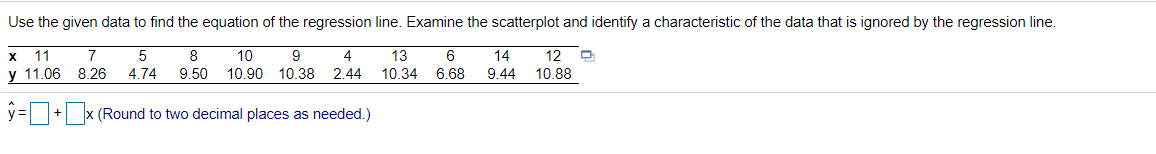 Use the given data to find the equation of the regression line. Examine the scatterplot and identify a characteristic of the data that is ignored by the regression line.
11
7
8
10
9
13
14
12
10.88
X
y 11.06 8.26
4.74
9.50
10.90 10.38 2.44
10.34 6.68
9.44
y= + x (Round to two decimal places as needed.)
