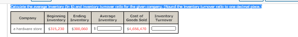 Calculate the average inventory (in $) and Inventory tumOver ratio for the given company. (Round the inventory tumover ratio to one dedmal place.
Beginning
Inventory Inventory
Ending
Average
Inventory
Cost of
Inventory
Turnover
Company
Goods Sold
a hardware store
$315,230
$300,060
$4,656,470
