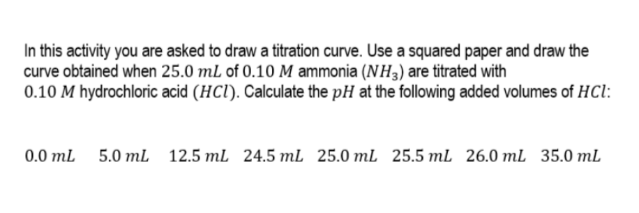 In this activity you are asked to draw a titration curve. Use a squared paper and draw the
curve obtained when 25.0 mL of 0.10 M ammonia (NH3) are titrated with
0.10 M hydrochloric acid (HCI). Calculate the pH at the following added volumes of HCl:
12.5 mL 24.5 mL 25.0 mL 25.5 mL 26.0 mL 35.0 mL
0.0 mL 5.0 mL 12.5 mL