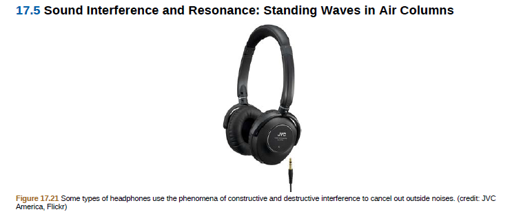 17.5 Sound Interference and Resonance: Standing Waves in Air Columns
Figure 17.21 Some types of headphones use the phenomena of constructive and destructive interference to cancel out outside noises. (credit: JVC
America, Flickr)
