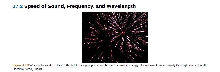 17.2 Speed of Sound, Frequency, and Wavelength
Figure 17.8 When a firework explodes, the light energy is perceived before the sound energy. Sound travels more slowly than light does. (credit
Dominic Alves, Flickr)
