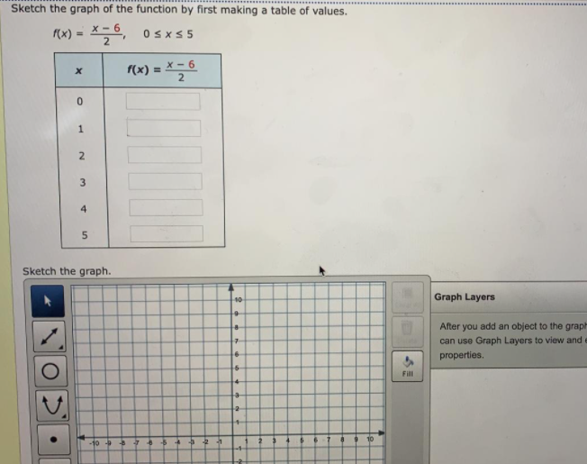 Sketch the graph of the function by first making a table of values.
(x) = *-6,
0SXS5
(x) = X - 6
2
4
Sketch the graph.
Graph Layers
40
After you add an object to the graph
can use Graph Layers to view and e
properties.
Fill
-2
1.
2.
