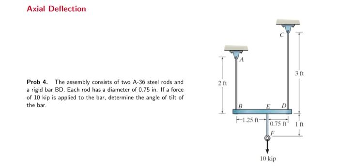 Axial Deflection
Prob 4. The assembly consists of two A-36 steel rods and
a rigid bar BD. Each rod has a diameter of 0.75 in. If a force
of 10 kip is applied to the bar, determine the angle of tilt of
the bar.
2 11
B
-1.25 ft-
0.75 ft
10 kip
3 ft
1 ft