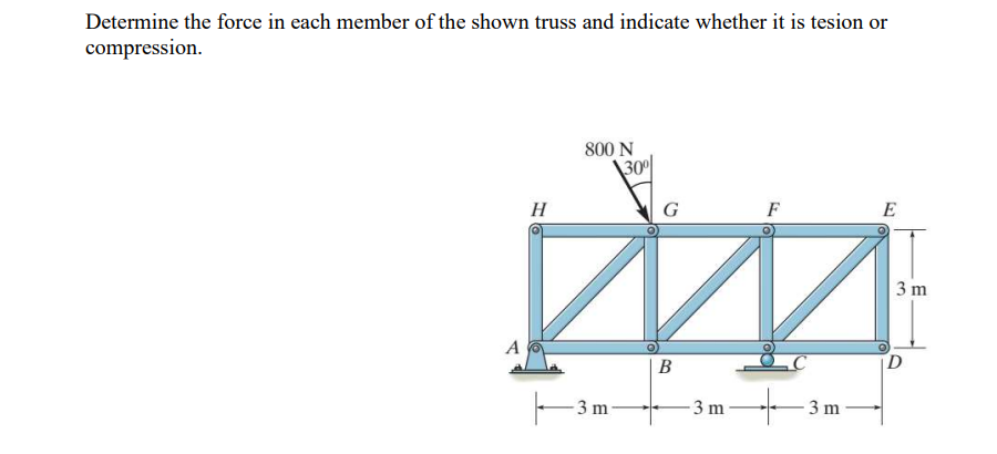 Determine the force in each member of the shown truss and indicate whether it is tesion or
compression.
A
H
800 N
| 31
3 m
30%
G
B
3 m
F
3 m
E
3 m
D