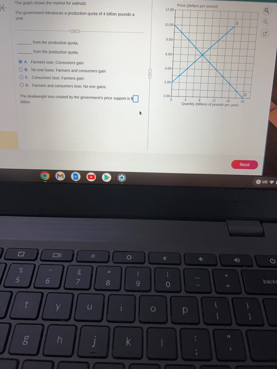 K
The graph shows the market for walnuts.
The government introduces a production quota of 4 billion pounds a
year.
OA. Farmers lose; Consumers gain
OB. No one loses; Farmers and consumers gain
OC. Consumers lose; Farmers gain
OD. Farmers and consumers lose; No one gains
The deadweight loss created by the government's price support is
billion.
%
5
from the production quota.
from the production quota.
t
g
6
Oll
y
h
&
7
O
C
1
*
8
O
9
k
O
12.00
10.00-
8.00-
6.00-
4.00-
2.00
0.00+
0
"
)
0
Price (dollars per pound)
S
12
Quantity (billions of pounds per year)
D
20
р
DOBB
Next
DA
Q
SUSI
backs