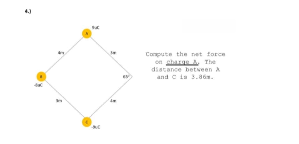 4.)
9uC
4m
3m
Compute the net force
on charge A. The
distance between A
650
and C is 3.86m.
-8uc
3m
4m
9uc
