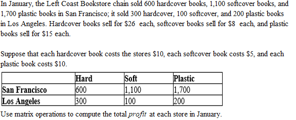 In January, the Left Coast Bookstore chain sold 600 hardcover books, 1,100 softcover books, and
1,700 plastic books in San Francisco; it sold 300 hardcover, 100 softcover, and 200 plastic books
in Los Angeles. Hardcover books sell for $26 each, softcover books sell for $8 each, and plastic
books sell for $15 each.
Suppose that each hardcover book costs the stores $10, each softcover book costs $5, and each
plastic book costs $10.
San Francisco
Los Angeles
Hard
600
300
Soft
|1,100
|100
Plastic
|1,700
200
Use matrix operations to compute the total profit at each store in January.
